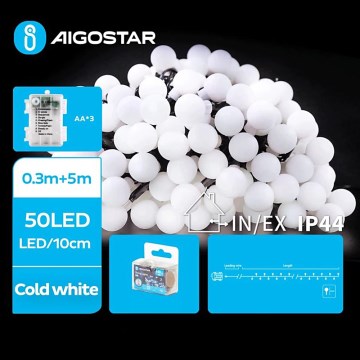 Aigostar - LED Kerst lichtsnoer voor buiten 50xLED/3xAA/8 Functies 5,3 m IP44 koud wit