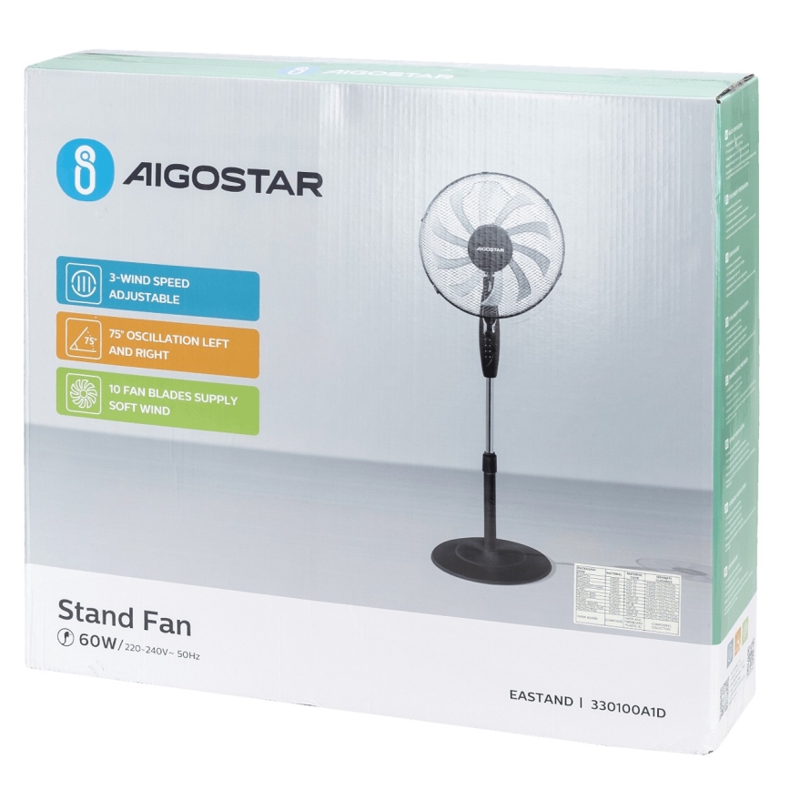 Aigostar - Staande ventilator 60W/230V zwart