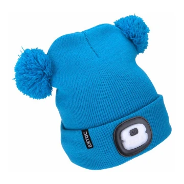 Extol - Muts met hoofdlamp en USB-oplader 250 mAh blauw met pompons formaat kinderen