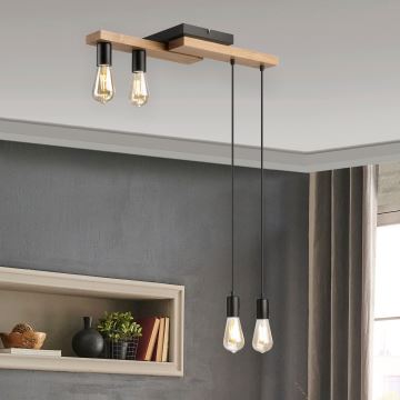 Hanglamp aan een koord CORTINA 4xE27/15W/230V zwart/eiken