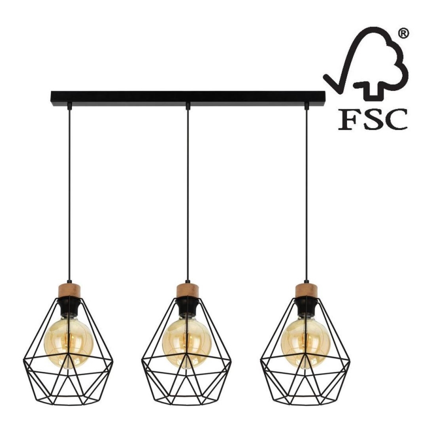 Hanglamp aan een koord DIAMENT 3xE27/60W/230V eiken – FSC gecertificeerd