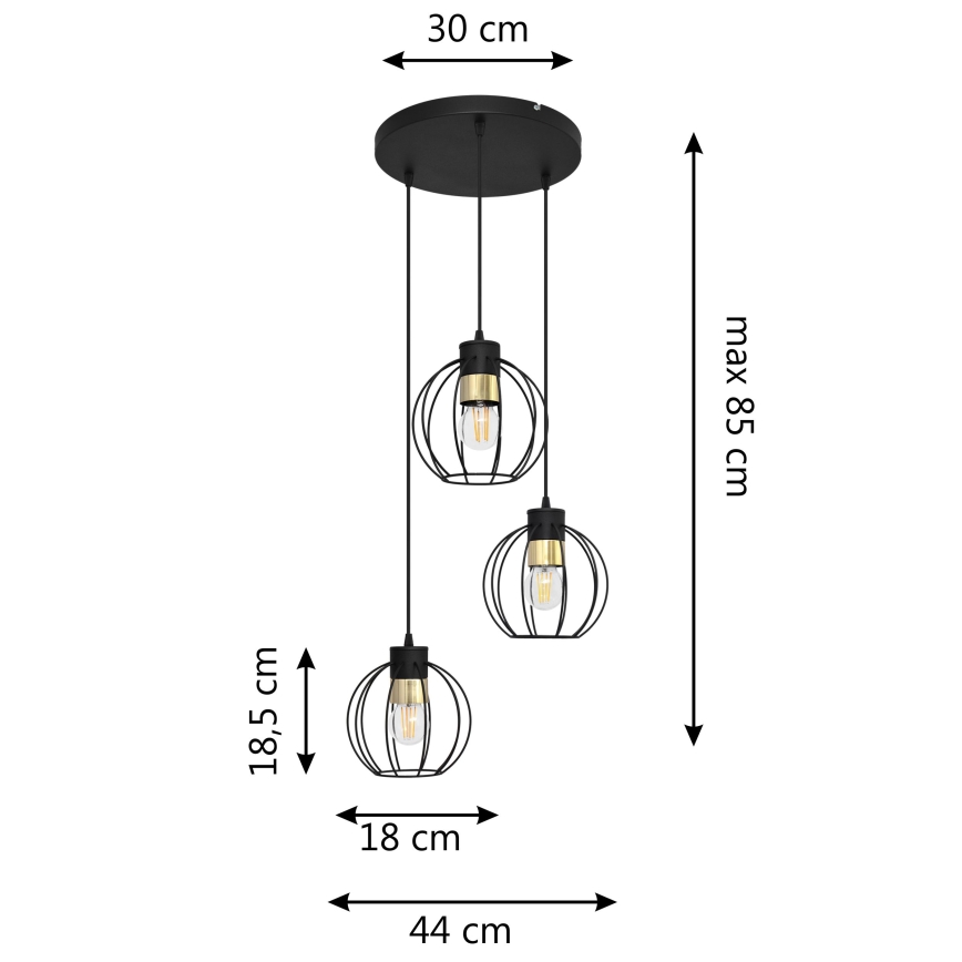 Hanglamp aan een koord STARLIGHT 3xE27/60W/230V zwart/goud