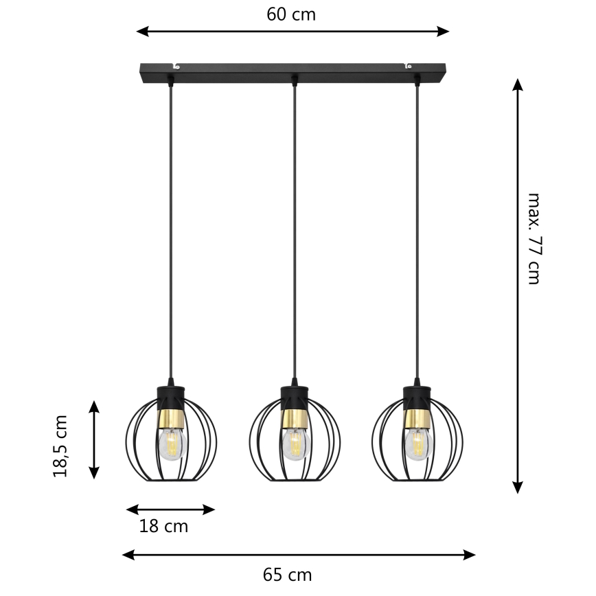 Hanglamp aan een koord STARLIGHT 3xE27/60W/230V zwart/goud