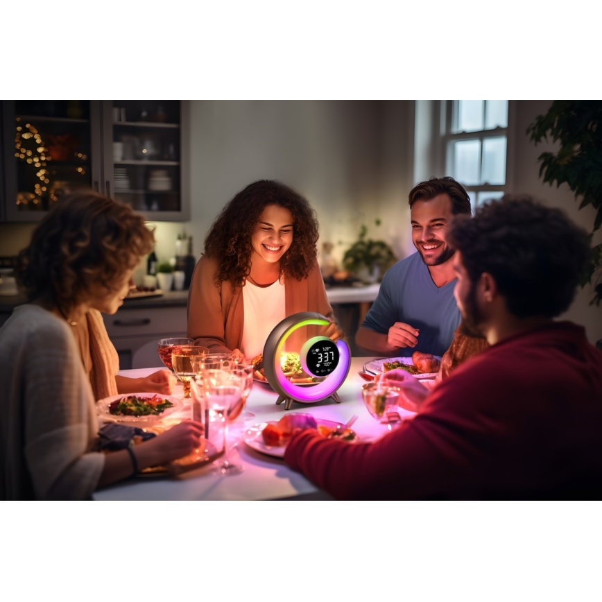 LED RGBW Dimbaar tafellamp met wekker LED/20W/5V USB zilver