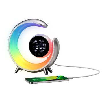 LED RGBW Dimbaar tafellamp met wekker LED/20W/5V USB zilver