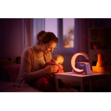 LED RGB Dimbaar tafellamp met wekker en Qi opladen 30W/230V zilver