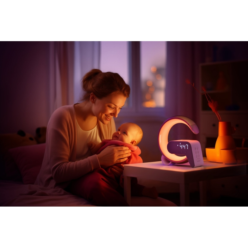 LED RGB Dimbaar tafellamp met wekker en Qi opladen 30W/230V zilver