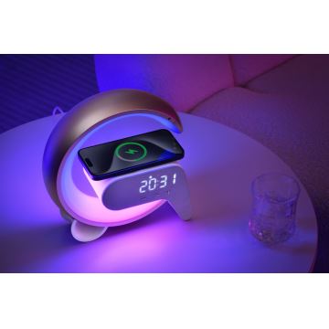 LED RGB Dimbaar tafellamp met wekker en Qi opladen 30W/230V zilver