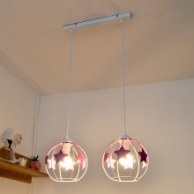 Kinder hanglamp aan een koord STARS 2xE27/15W/230V roze/wit