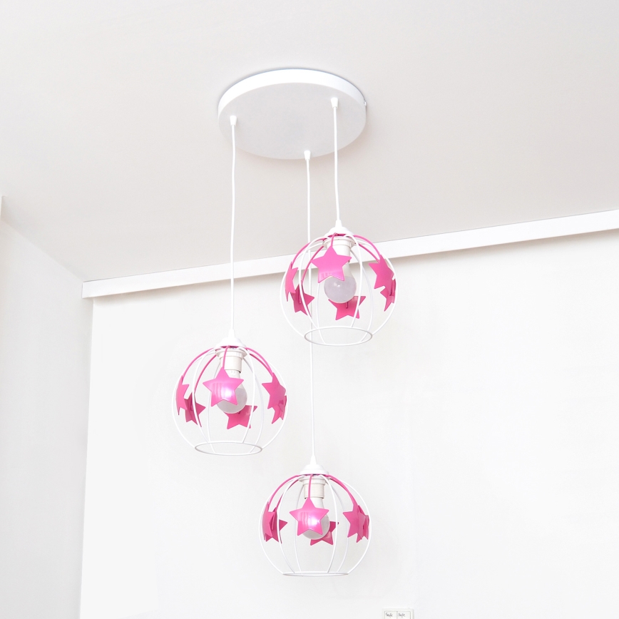 Kinder hanglamp aan een koord STARS 3xE27/15W/230V roze/wit