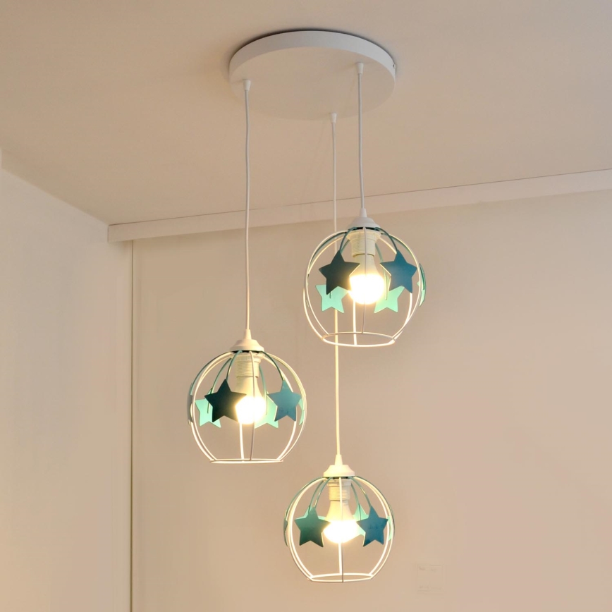 Kinder hanglamp aan een koord STARS 3xE27/15W/230V turquoise/wit