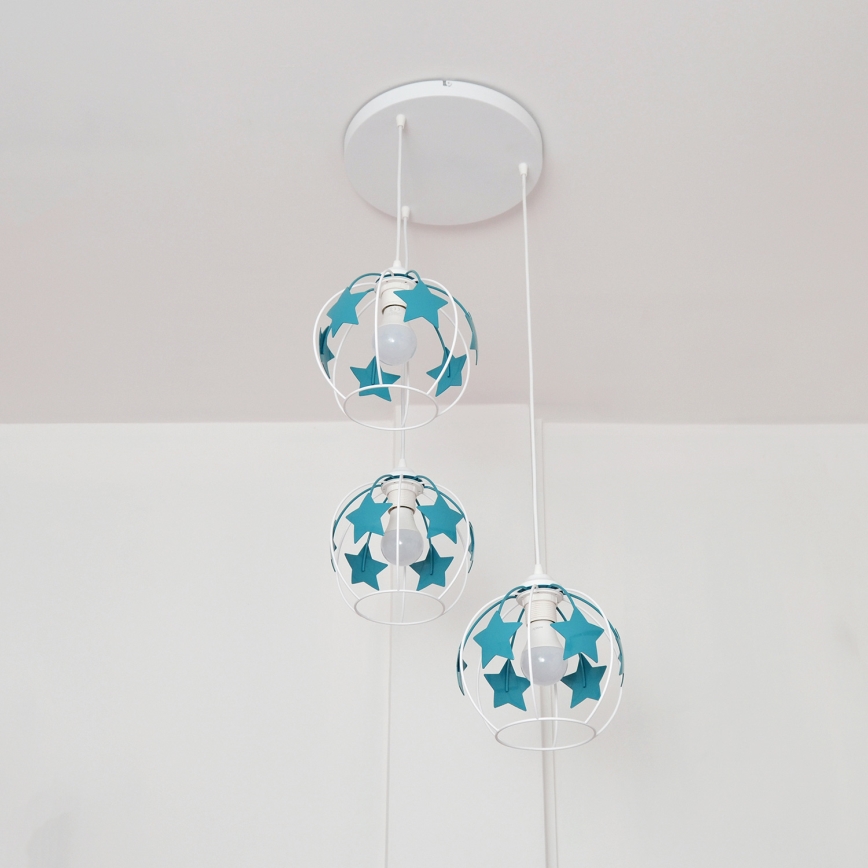 Kinder hanglamp aan een koord STARS 3xE27/15W/230V turquoise/wit