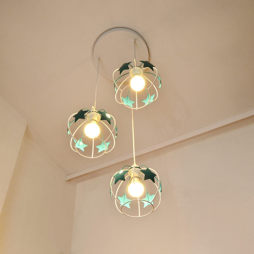 Kinder hanglamp aan een koord STARS 3xE27/15W/230V turquoise/wit