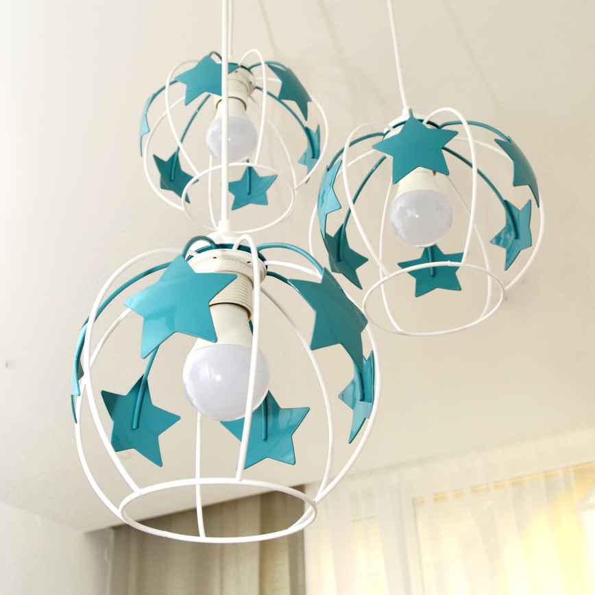 Kinder hanglamp aan een koord STARS 3xE27/15W/230V turquoise/wit