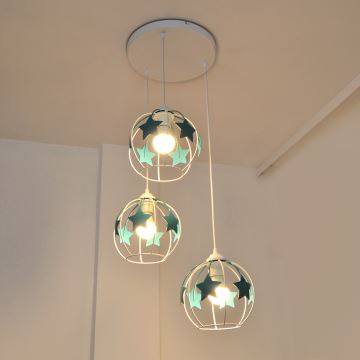 Kinder hanglamp aan een koord STARS 3xE27/15W/230V turquoise/wit