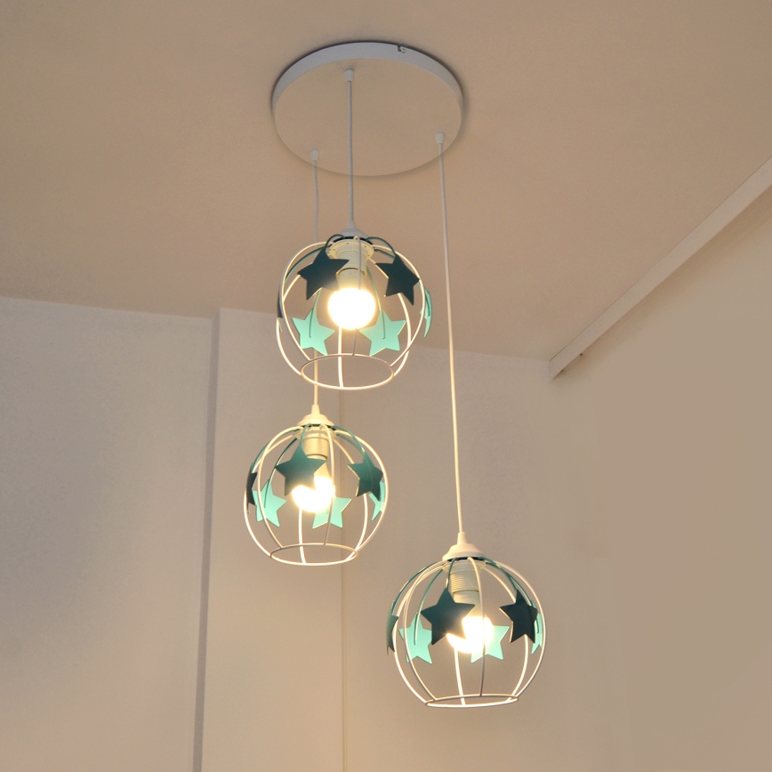 Kinder hanglamp aan een koord STARS 3xE27/15W/230V turquoise/wit