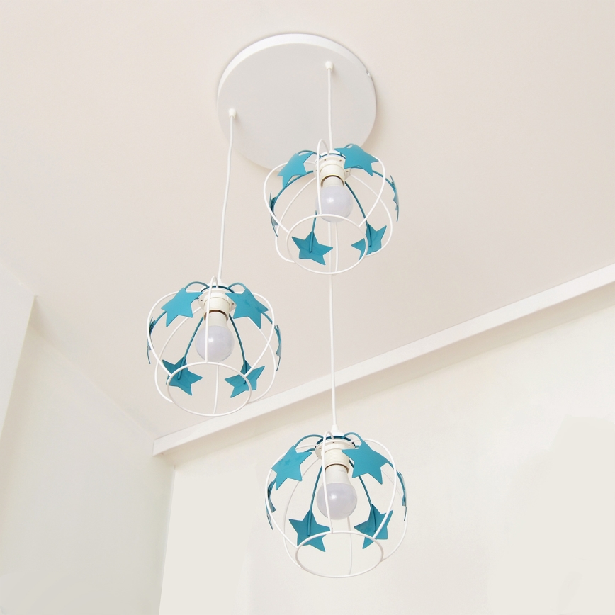 Kinder hanglamp aan een koord STARS 3xE27/15W/230V turquoise/wit