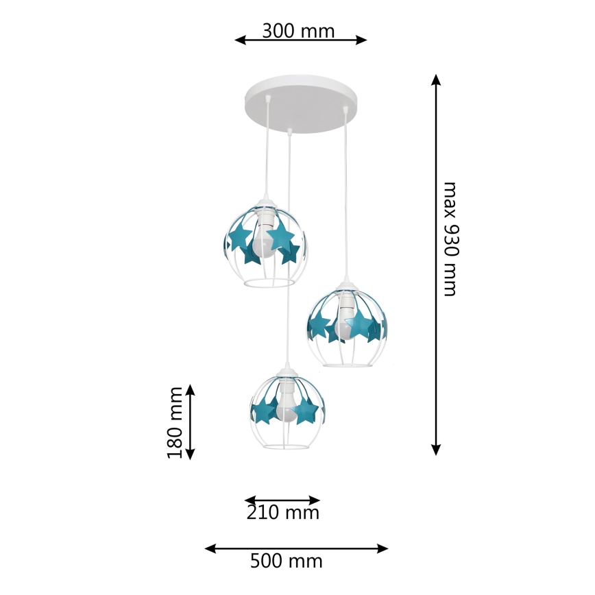Kinder hanglamp aan een koord STARS 3xE27/15W/230V turquoise/wit