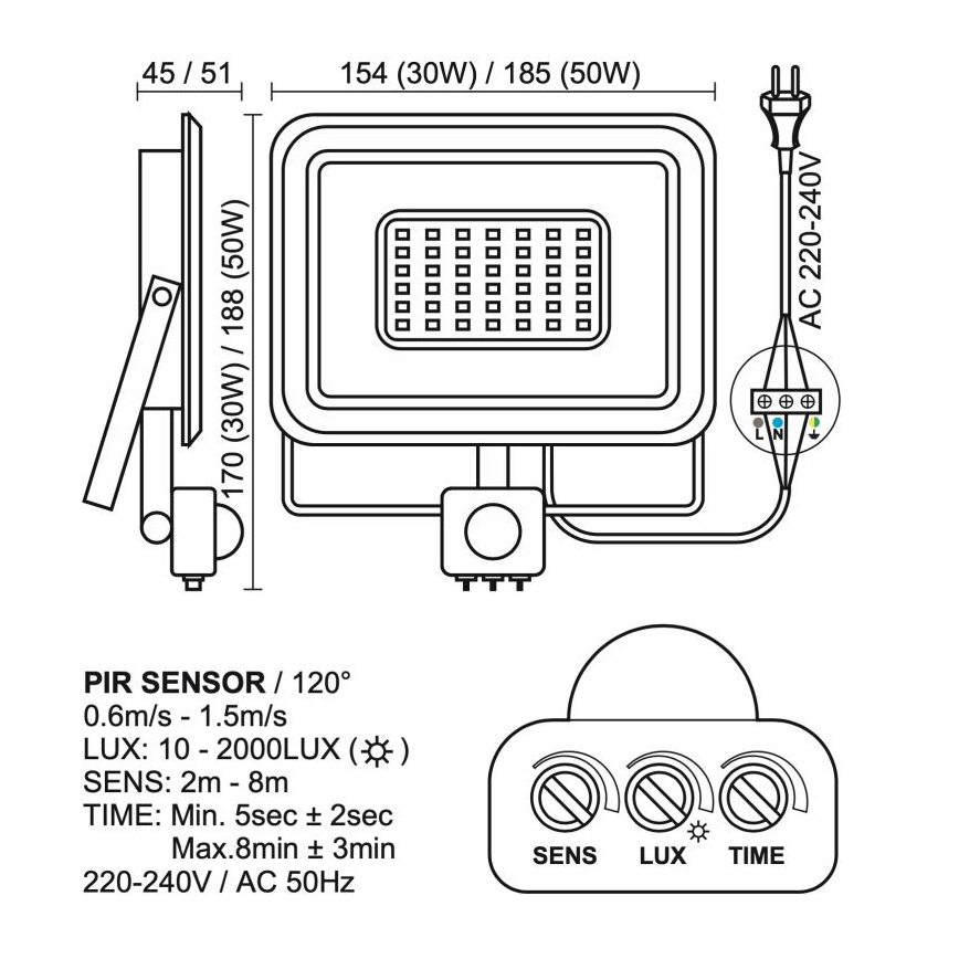 LED Buitenschijnwerper met sensor LED/50W/230V 4000K IP44 zwart