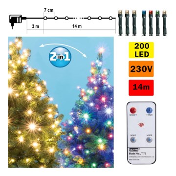 LED Kerst Lichtketting voor Buiten 200xLED 17m IP44 warm wit/meerdere kleuren + afstandsbediening