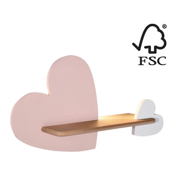 LED Kinderwandlamp met plank HEART LED/5W/230V roze/wit/hout