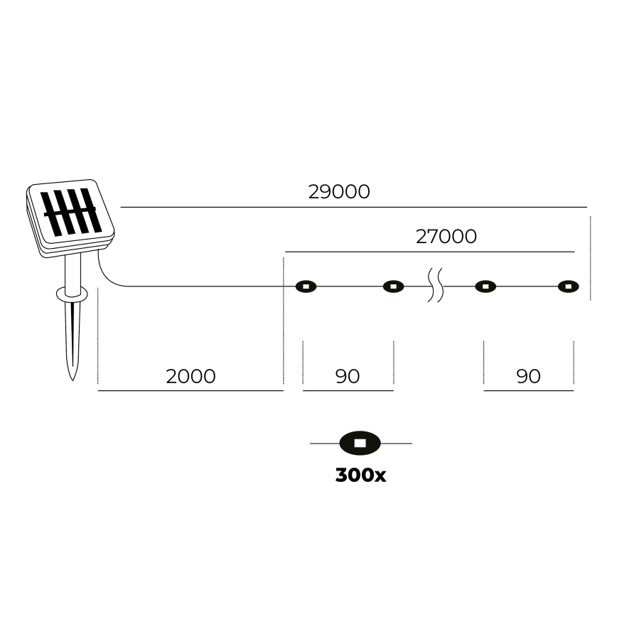 LED - Solar ketting 300xLED/0,12W/1,2V 1xAA 27 m IP44 3000K