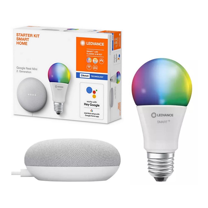 Ledvance - Slimme Luidspreker Google Nest Mini + LED RGBW Dimbare Lamp SMART+ A60 E27/60W/230V