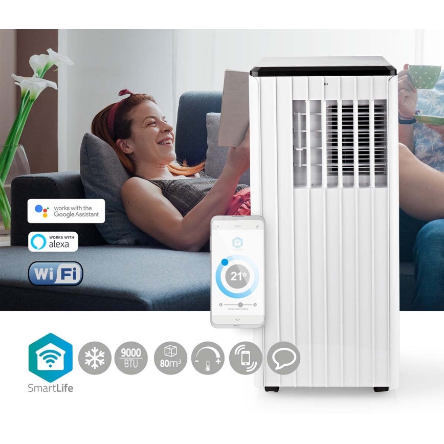 Slimme mobiele airco 3in1 inclusief complete accessoires 1010W/230V 9000 BTU Wi-Fi + afstandsbediening