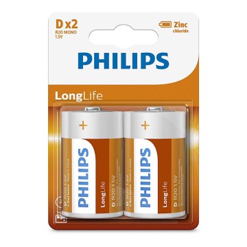 Philips R20L2B/10 - 2 st. Zinkchloride batterij D LONGLIFE 1,5V 5000mAh