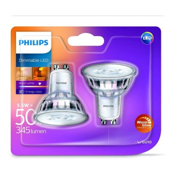 Philips Warm Glow  - SET van 2 LED Dimbare Lampen GU10 / 5.5W / 230V 2200K – 2700K