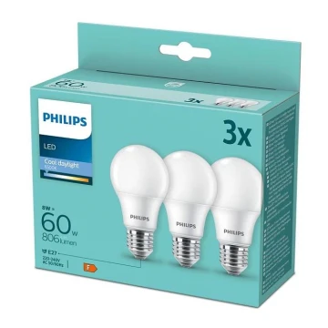 SET 3x LED Lamp Philips A60 E27/8W/230V 6500K